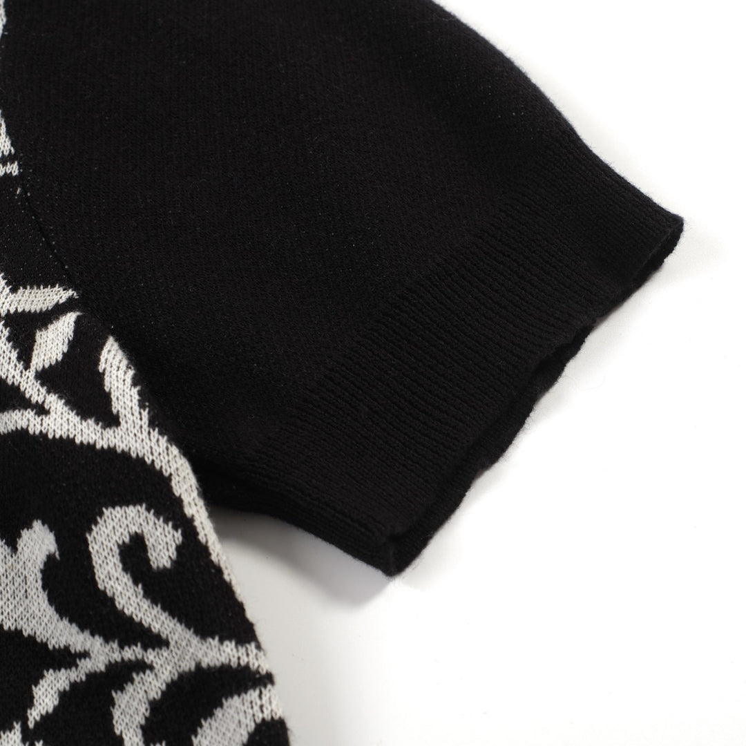 Women's black vintage plant jacquard knit summer T-shirt