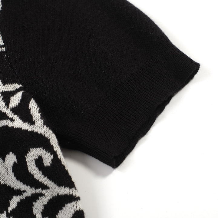 Women's black vintage plant jacquard knit summer T-shirt