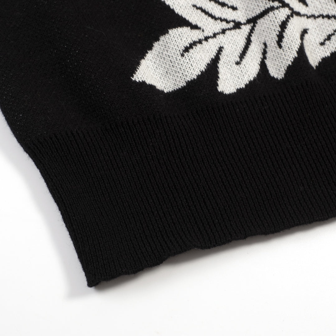 Women's black vintage plant jacquard knit summer T-shirt
