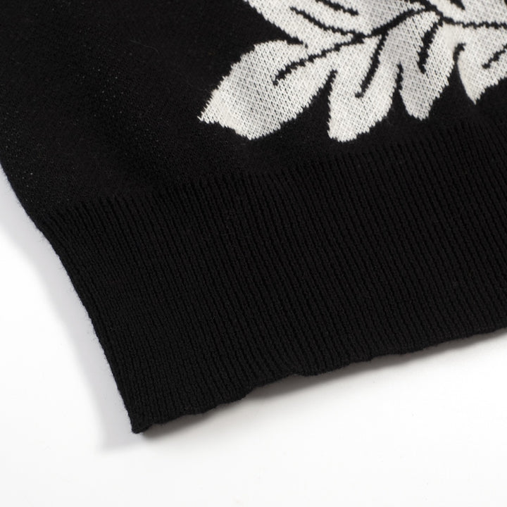 Women's black vintage plant jacquard knit summer T-shirt