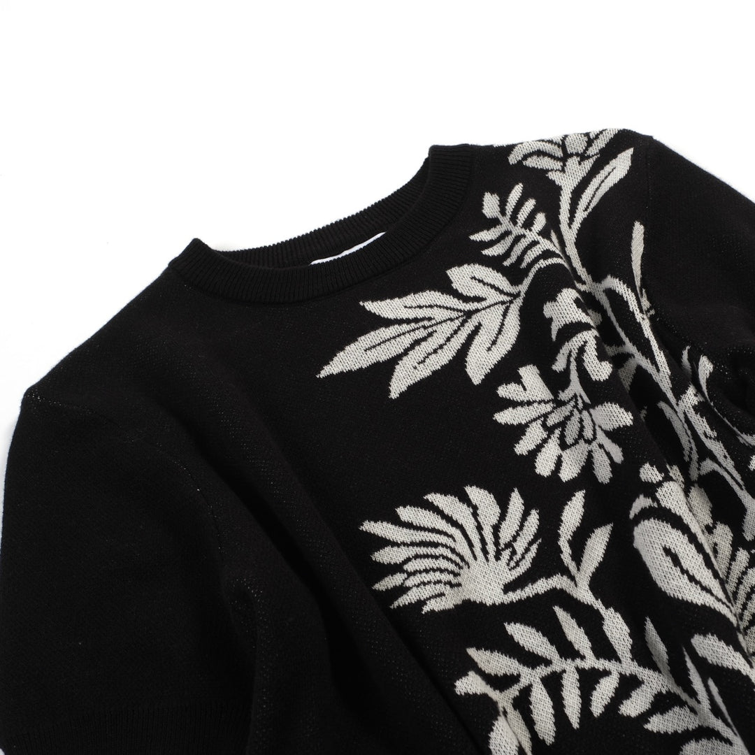 Women's black vintage plant jacquard knit summer T-shirt