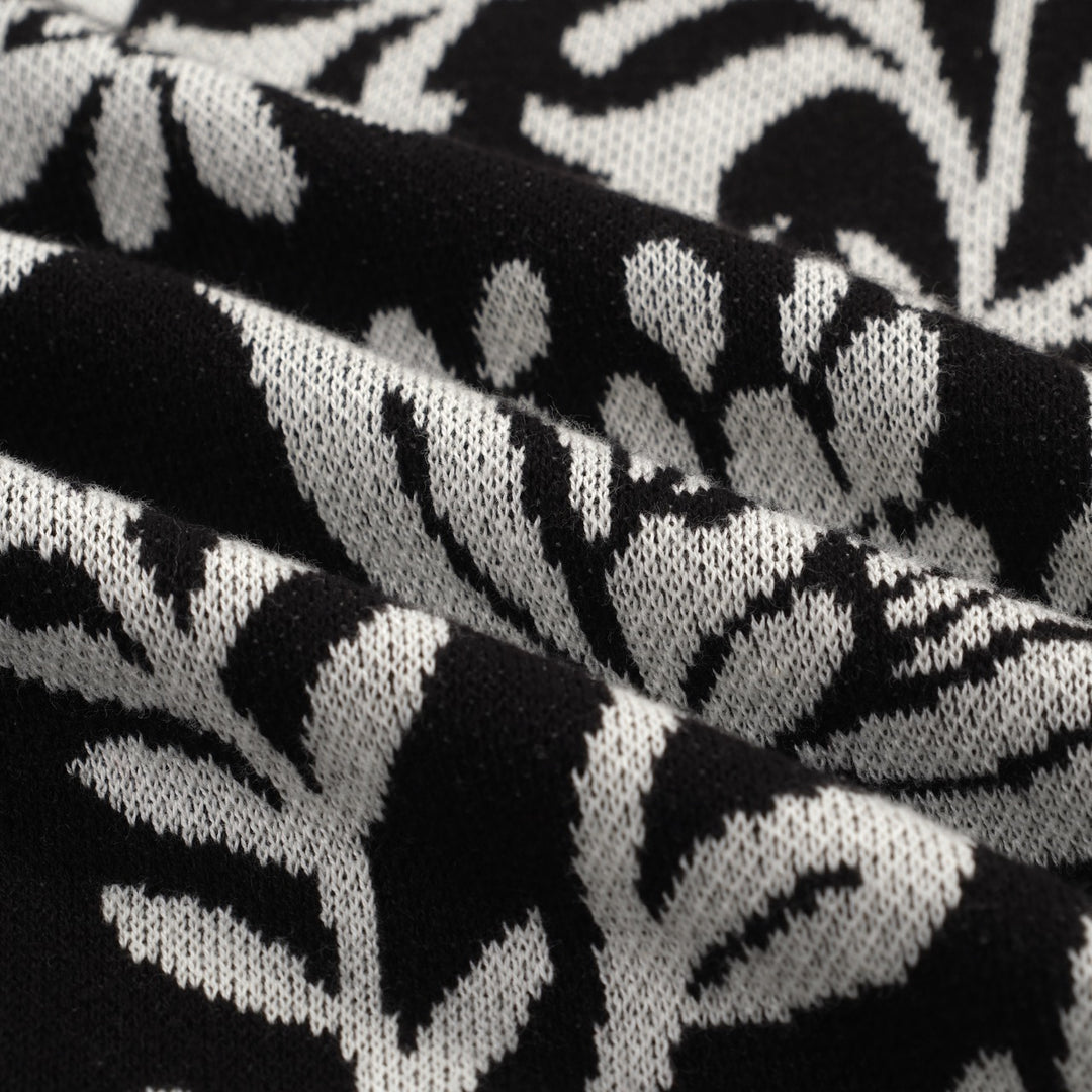 Women's black vintage plant jacquard knit summer T-shirt