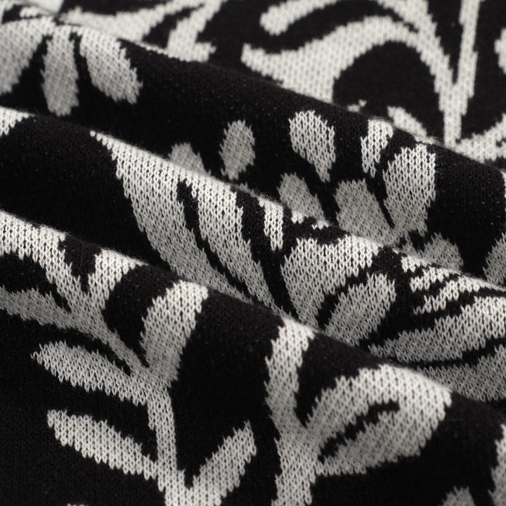 Women's black vintage plant jacquard knit summer T-shirt