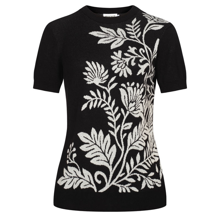 Women's black vintage plant jacquard knit summer T-shirt