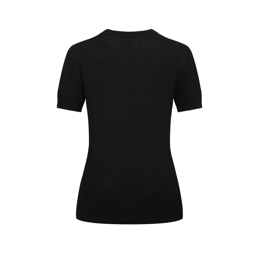 Women's black vintage plant jacquard knit summer T-shirt