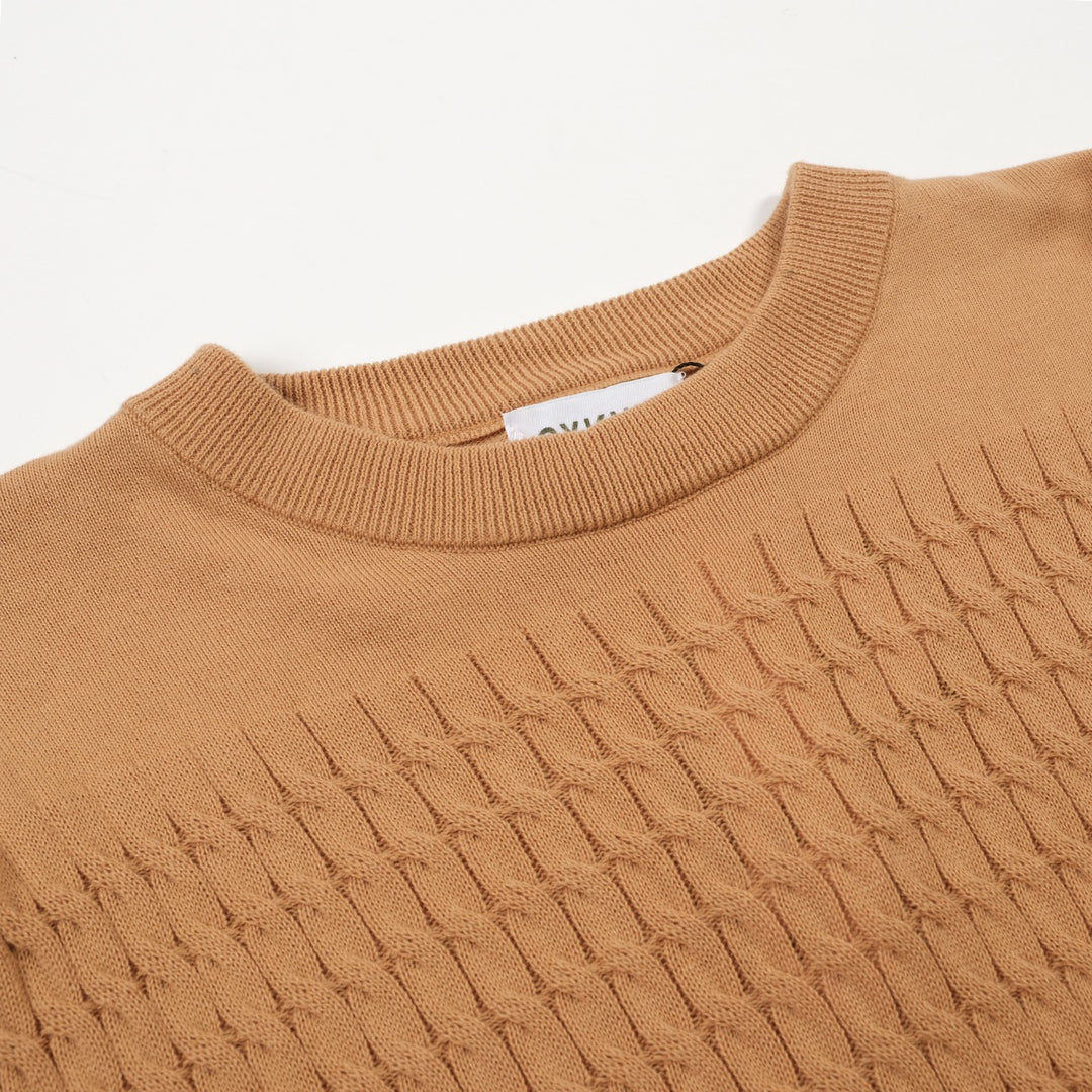 Women's khaki knit texture bubble sleeve T-shirt