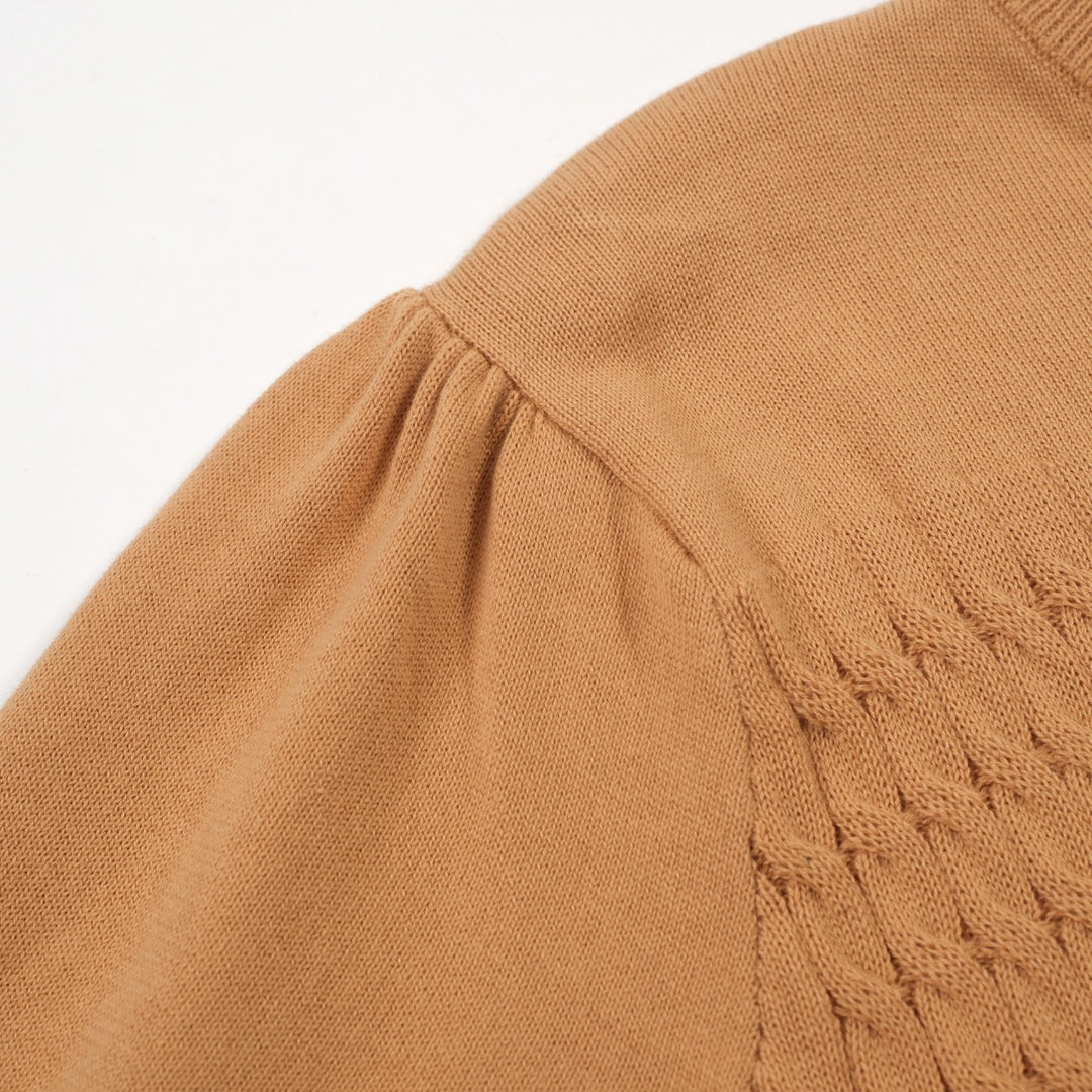 Women's khaki knit texture bubble sleeve T-shirt