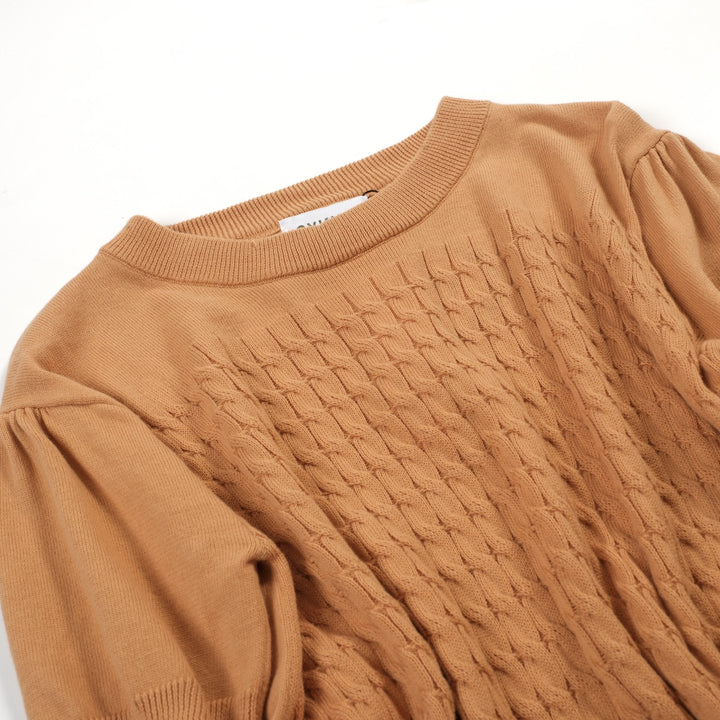 Women's khaki knit texture bubble sleeve T-shirt