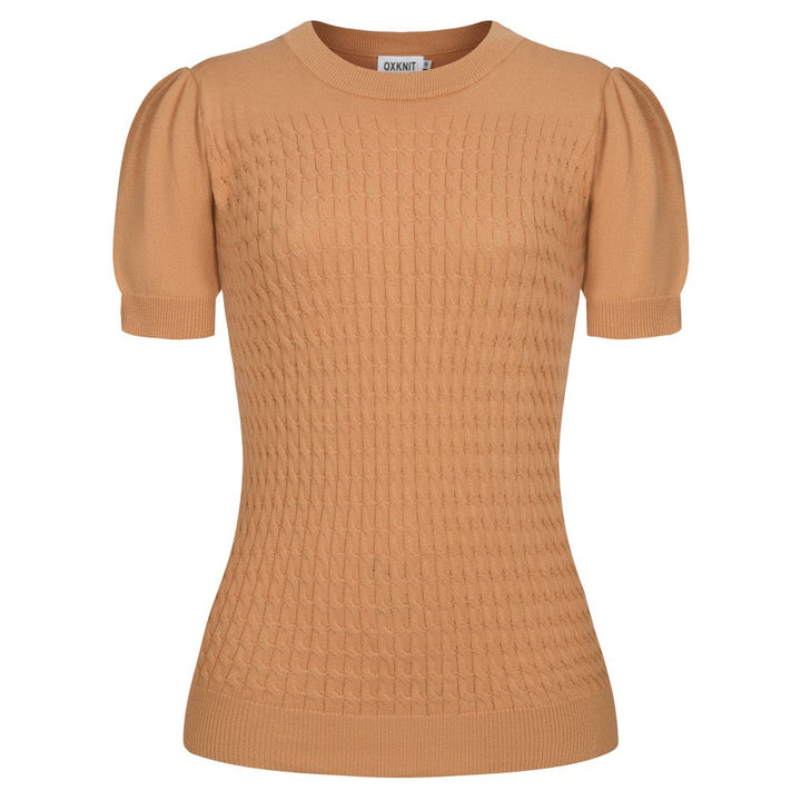 Women's khaki knit texture bubble sleeve T-shirt