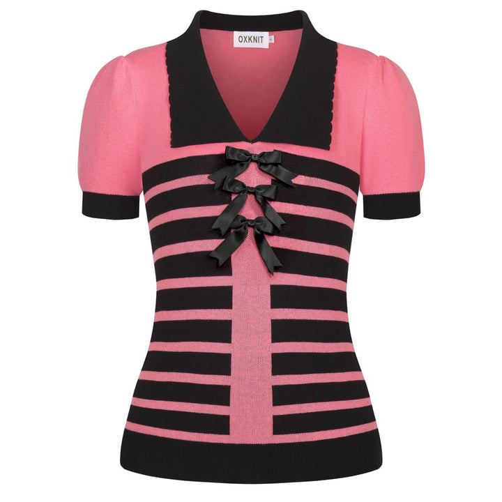 Kvinders pink stribet dukkekrave sløjfe strikket T-shirt