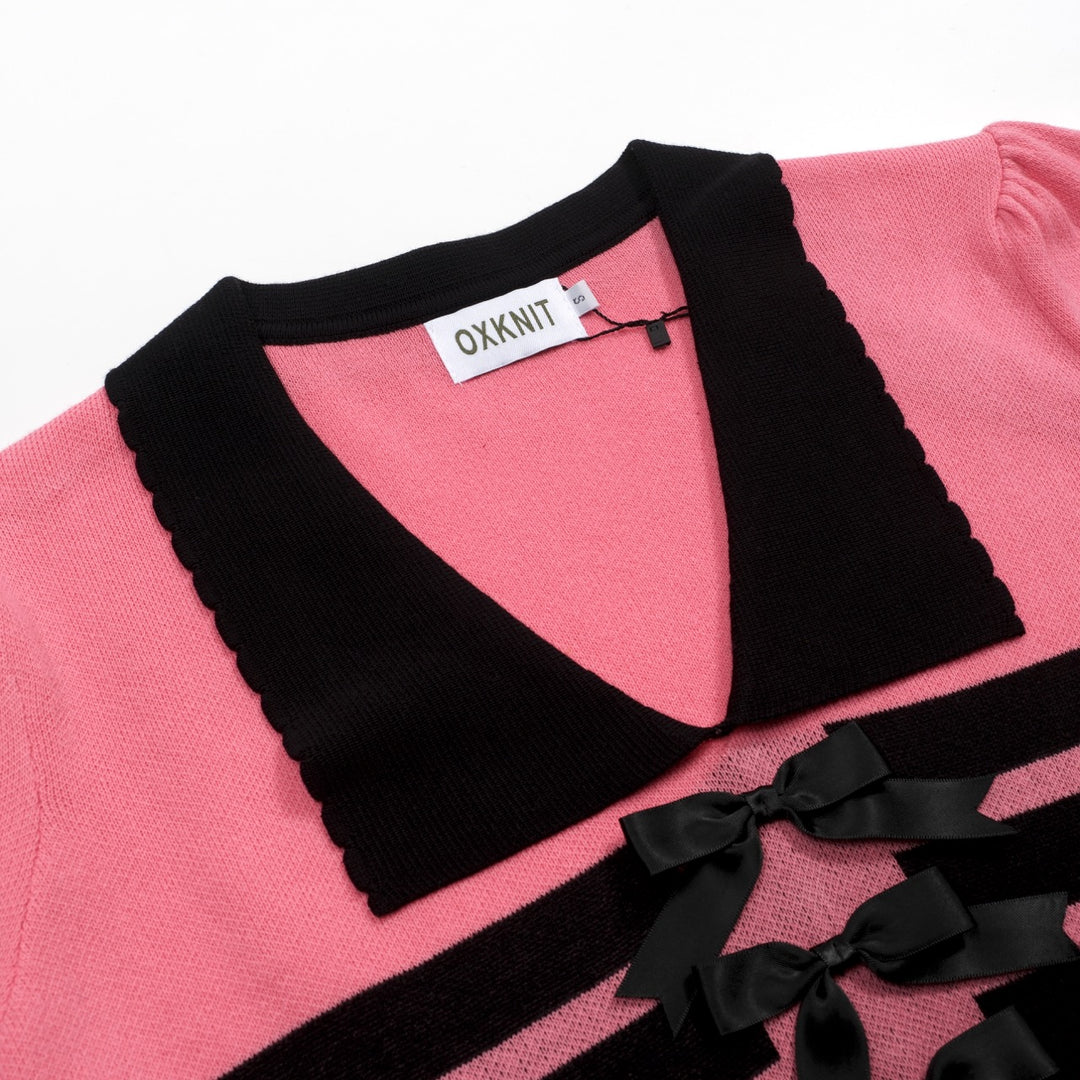 Kvinders pink stribet dukkekrave sløjfe strikket T-shirt
