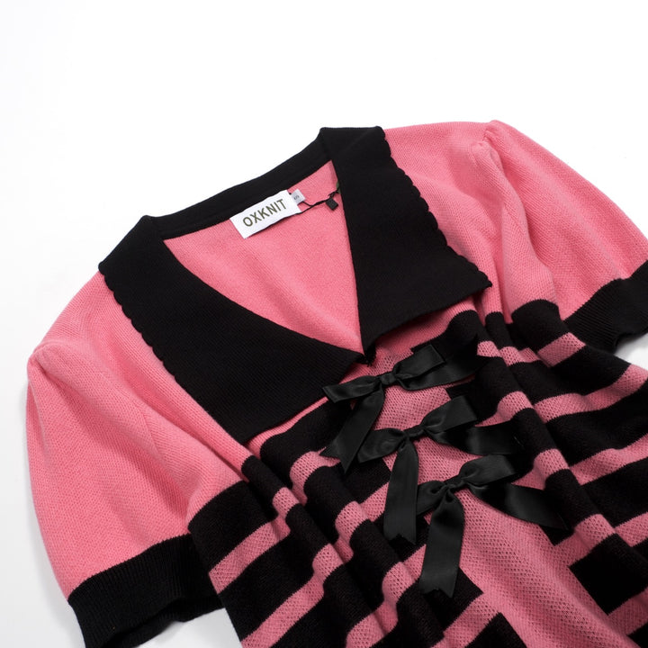 Kvinders pink stribet dukkekrave sløjfe strikket T-shirt
