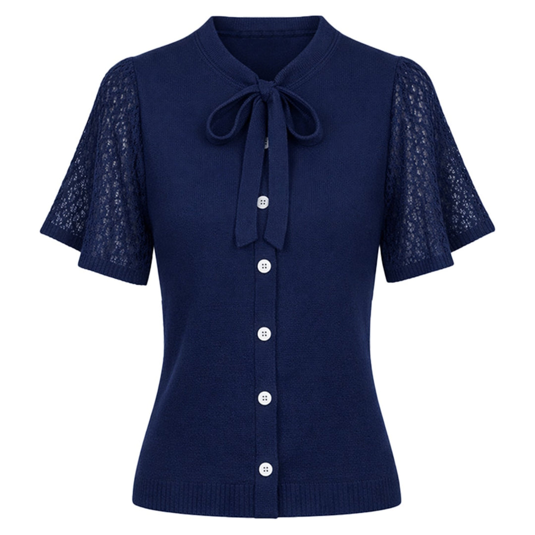 Cardigã feminino de verão em malha vintage azul escuro