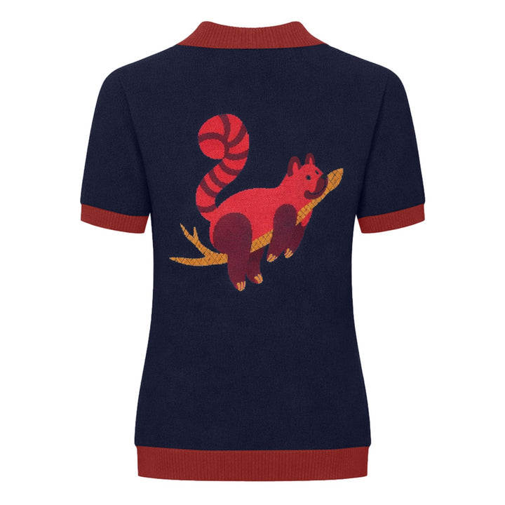 Women's dark blue Squirrel vintage V-neck cardigan