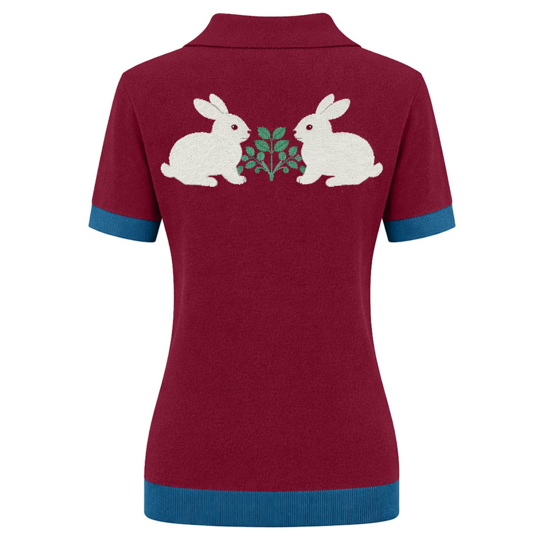 Women's red rabbit jacquard V-neck polo shirt