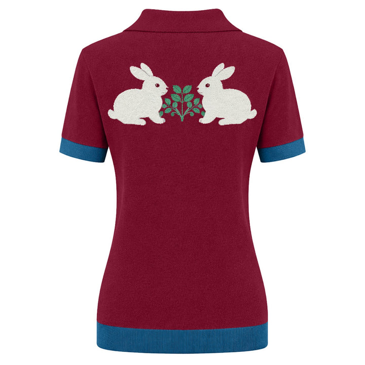 Women's red rabbit jacquard V-neck polo shirt