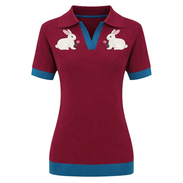 Women's red rabbit jacquard V-neck polo shirt