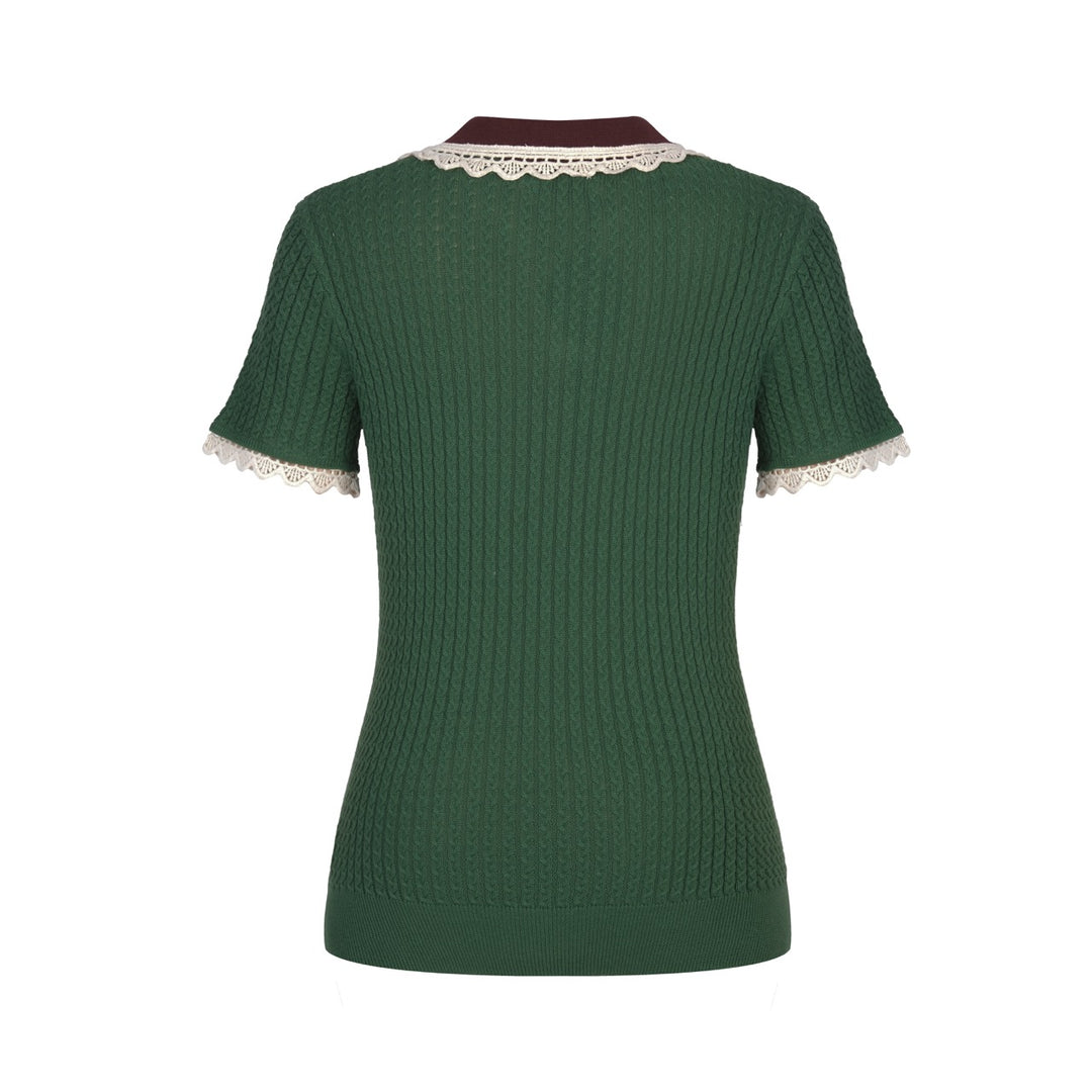 Women's green vintage collegiate style knitted V-neck polo