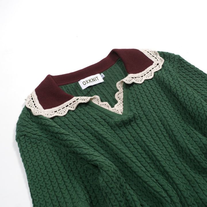 Women's green vintage collegiate style knitted V-neck polo