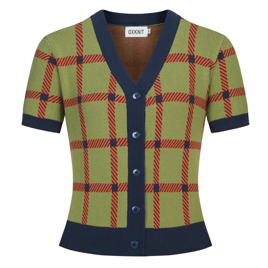 Groen geruit vintage gebreid damesvest - cropped lengte