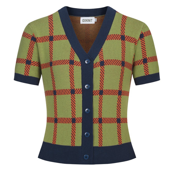 Groen geruit vintage gebreid damesvest - cropped lengte