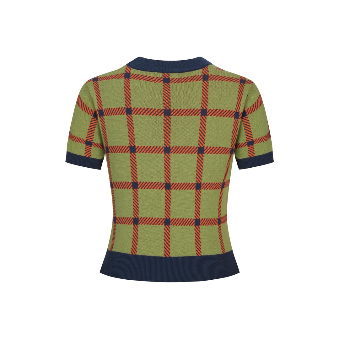 Groen geruit vintage gebreid damesvest - cropped lengte