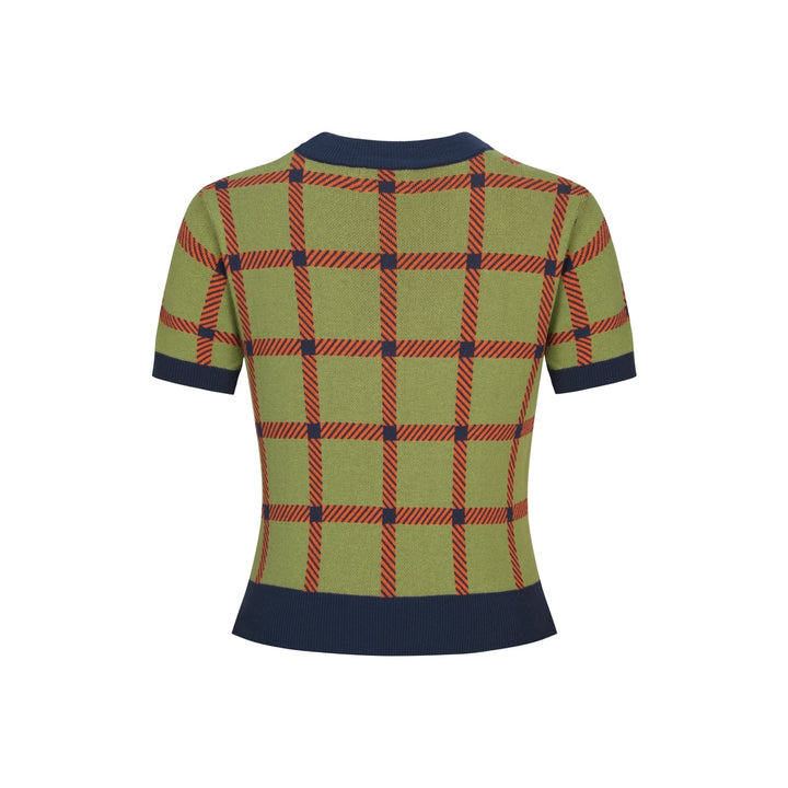 Groen geruit vintage gebreid damesvest - cropped lengte