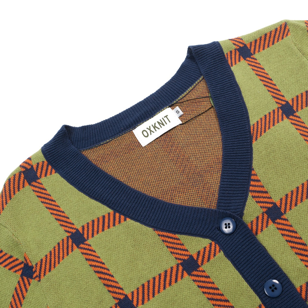 Groen geruit vintage gebreid damesvest - cropped lengte