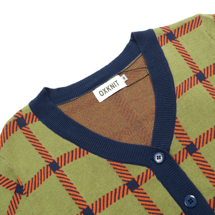 Groen geruit vintage gebreid damesvest - cropped lengte