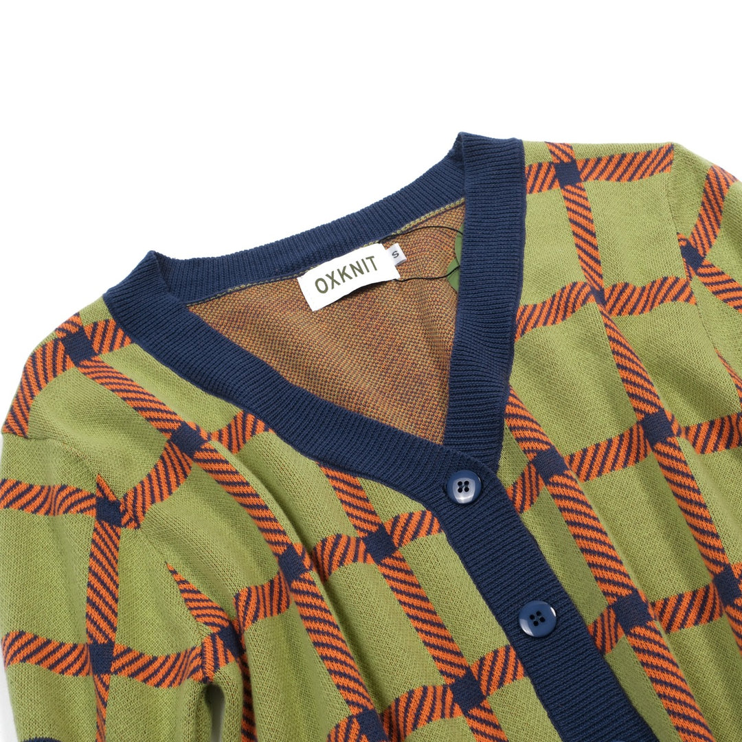 Groen geruit vintage gebreid damesvest - cropped lengte