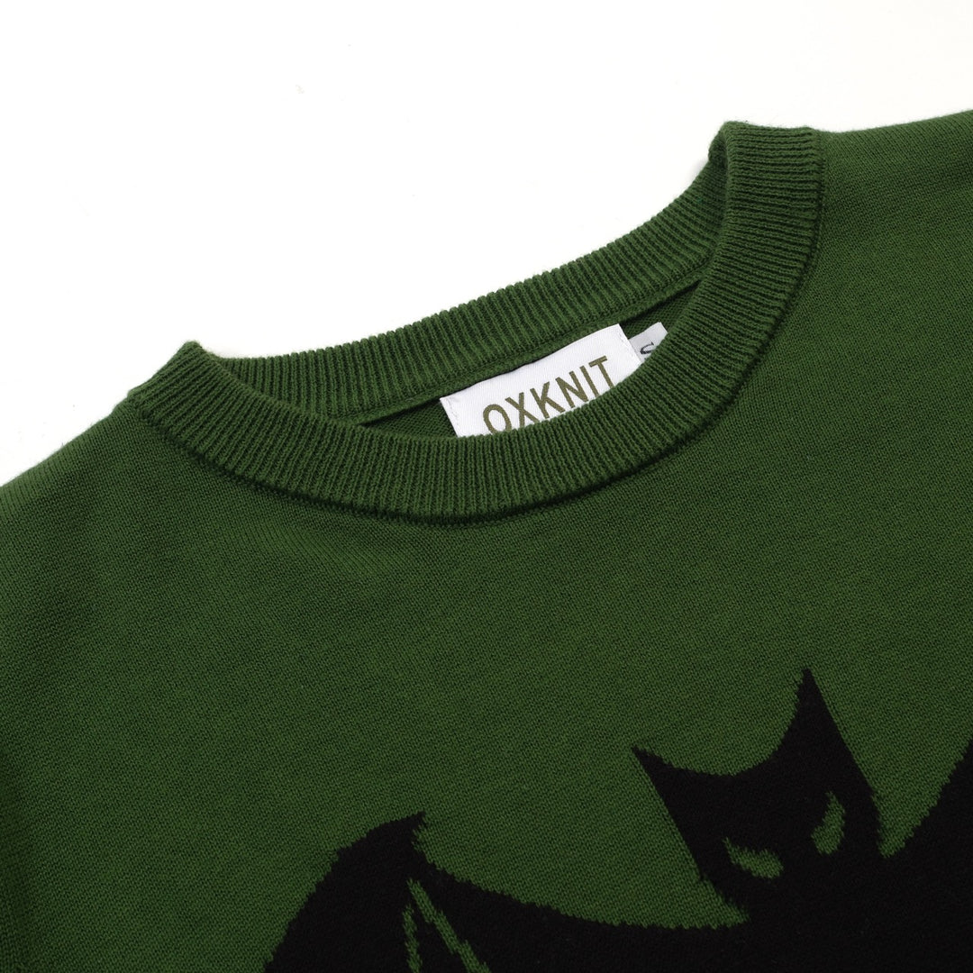 Women's green bat Jacquard vintage knit T-shirt - Cropped Length
