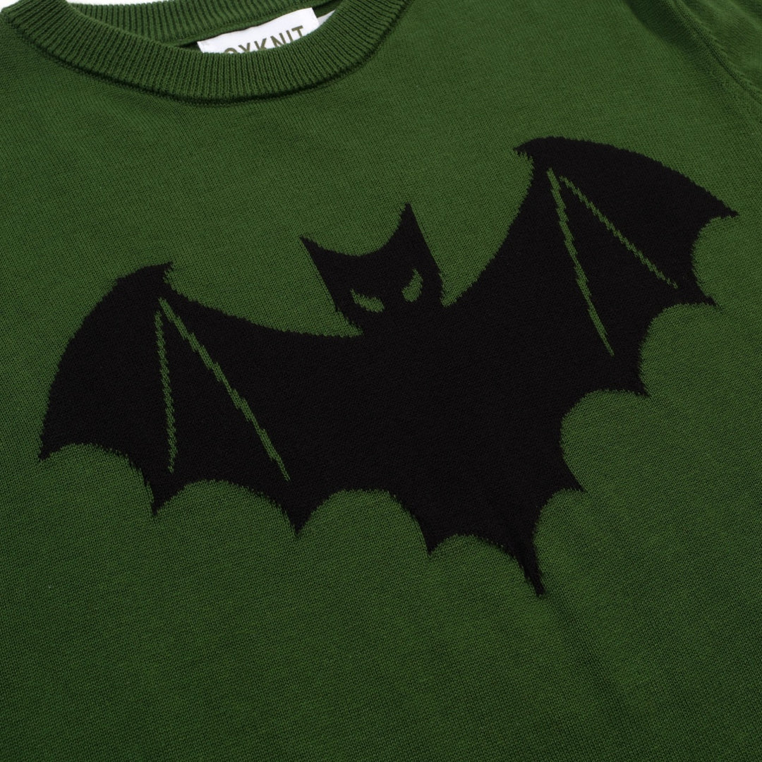 Women's green bat Jacquard vintage knit T-shirt - Cropped Length