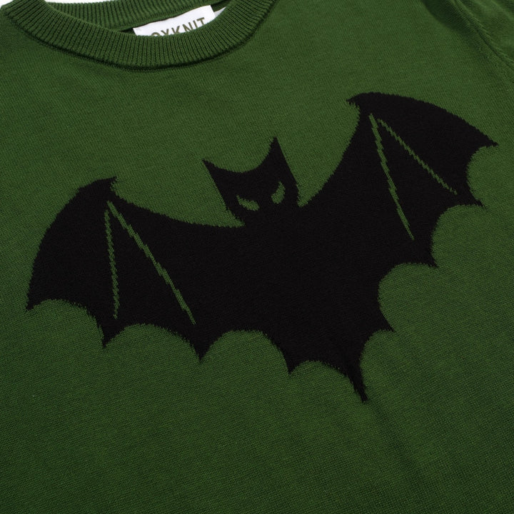 Women's green bat Jacquard vintage knit T-shirt - Cropped Length