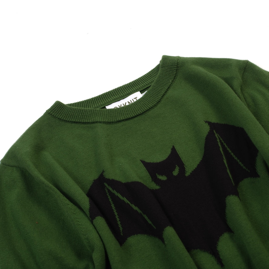 Women's green bat Jacquard vintage knit T-shirt - Cropped Length