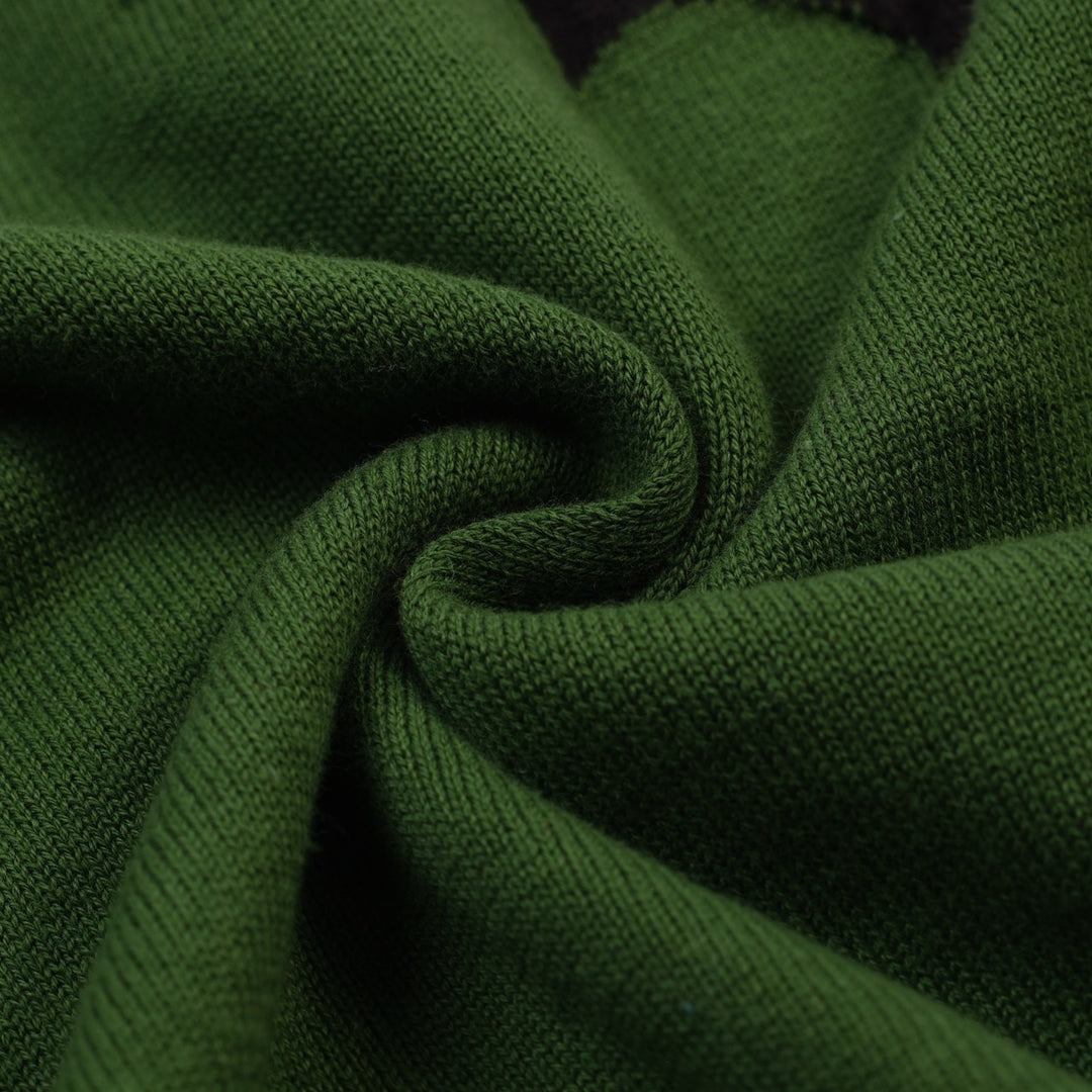 Women's green bat Jacquard vintage knit T-shirt - Cropped Length