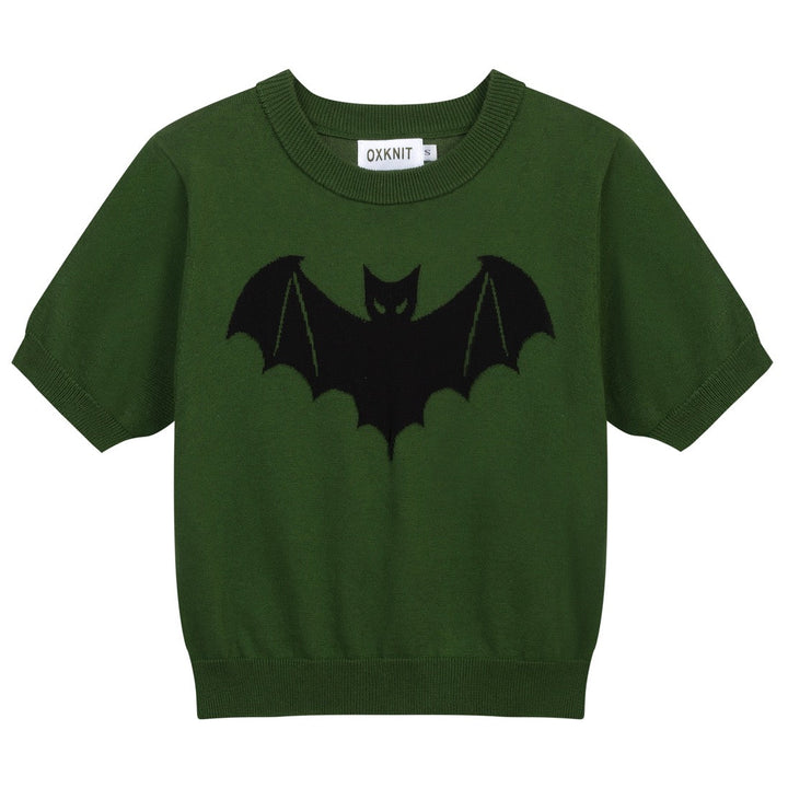 Women's green bat Jacquard vintage knit T-shirt - Cropped Length