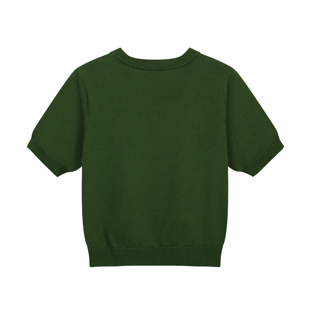 Women's green bat Jacquard vintage knit T-shirt - Cropped Length