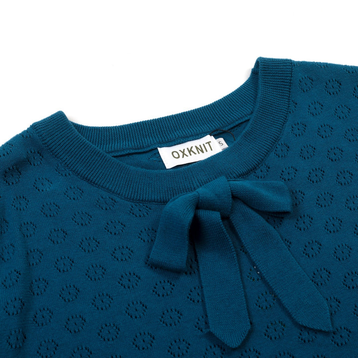Women's blue vintage cut-out knit T-shirt - Cropped Length