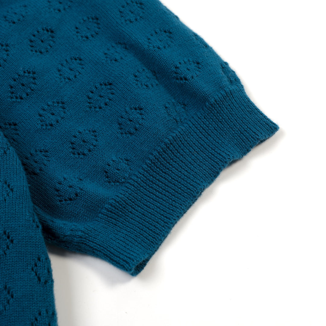 Women's blue vintage cut-out knit T-shirt - Cropped Length