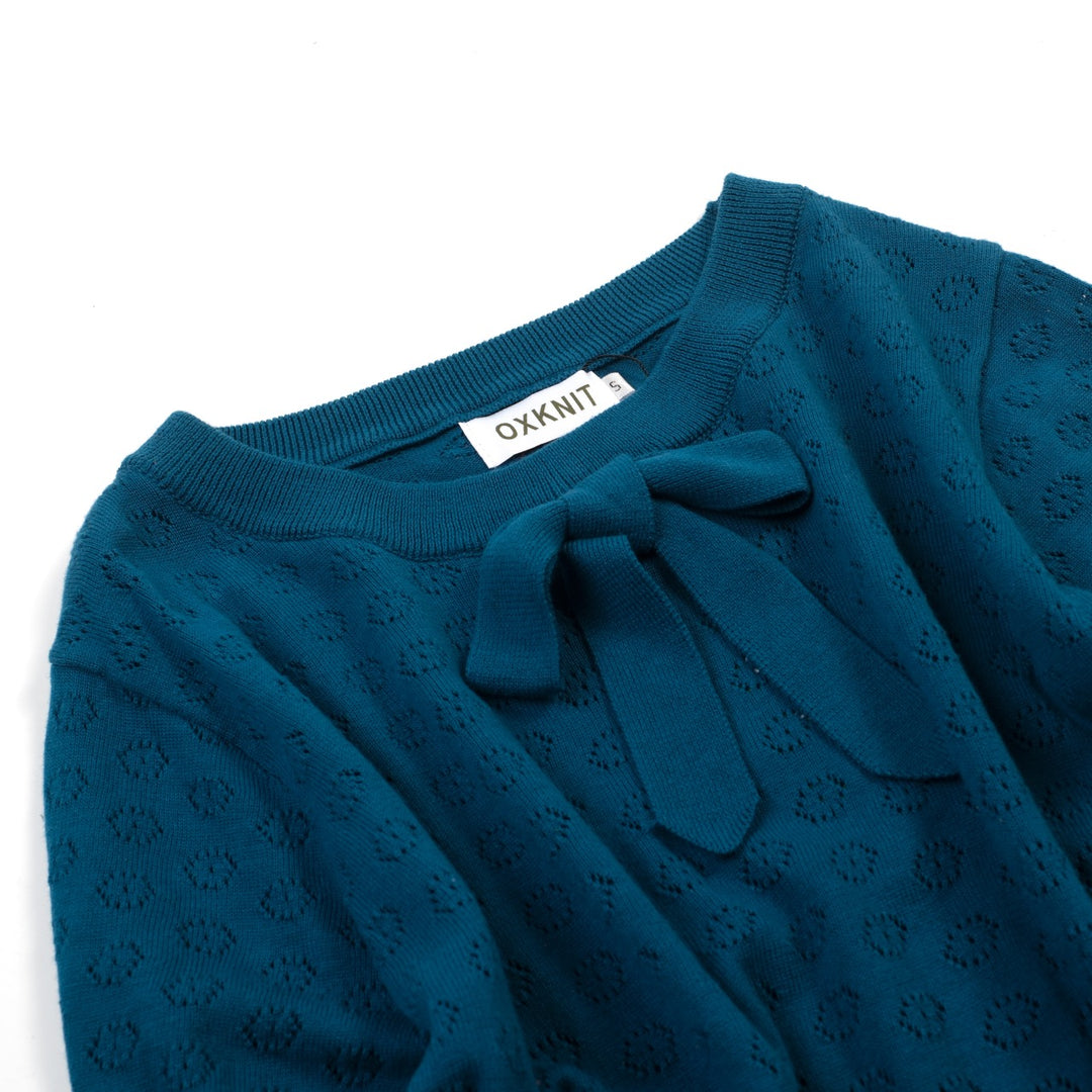 Women's blue vintage cut-out knit T-shirt - Cropped Length