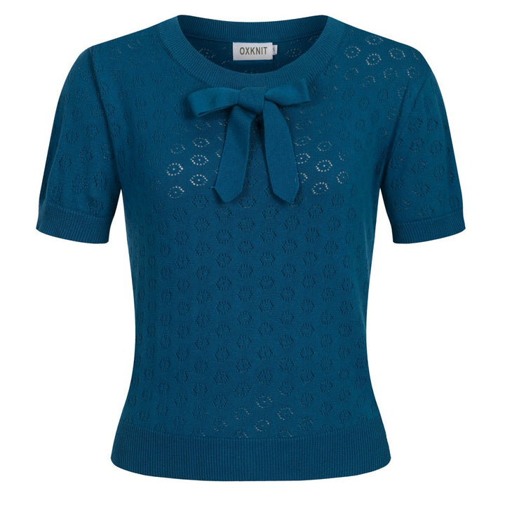 Women's blue vintage cut-out knit T-shirt - Cropped Length
