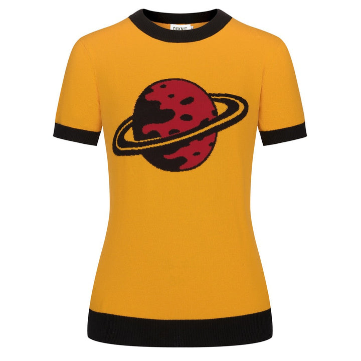 Geel Planet Jacquard vintage gebreid T-shirt voor dames