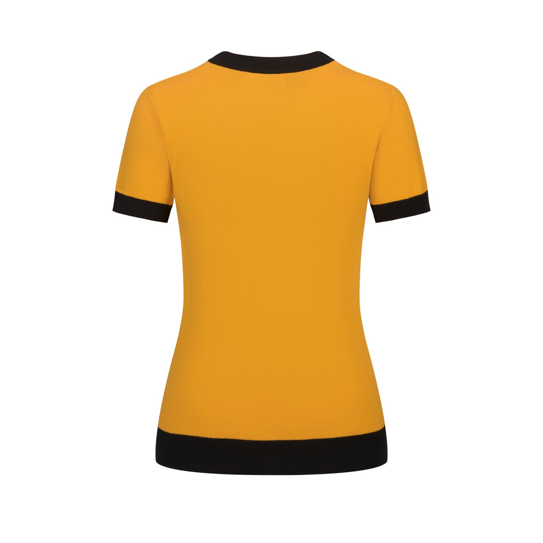 Geel Planet Jacquard vintage gebreid T-shirt voor dames