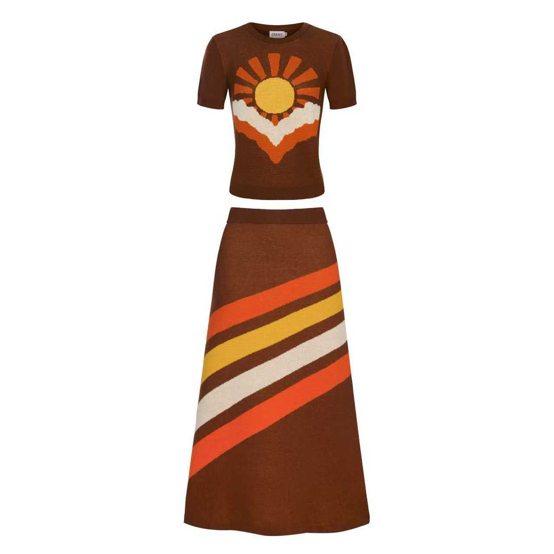 Women's brown sun striped vintage jacquard knit dress set Women's brown sun striped vintage jacquard knit dress set