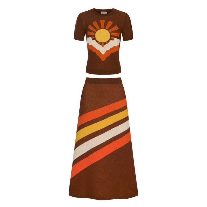 Women's brown sun striped vintage jacquard knit dress set