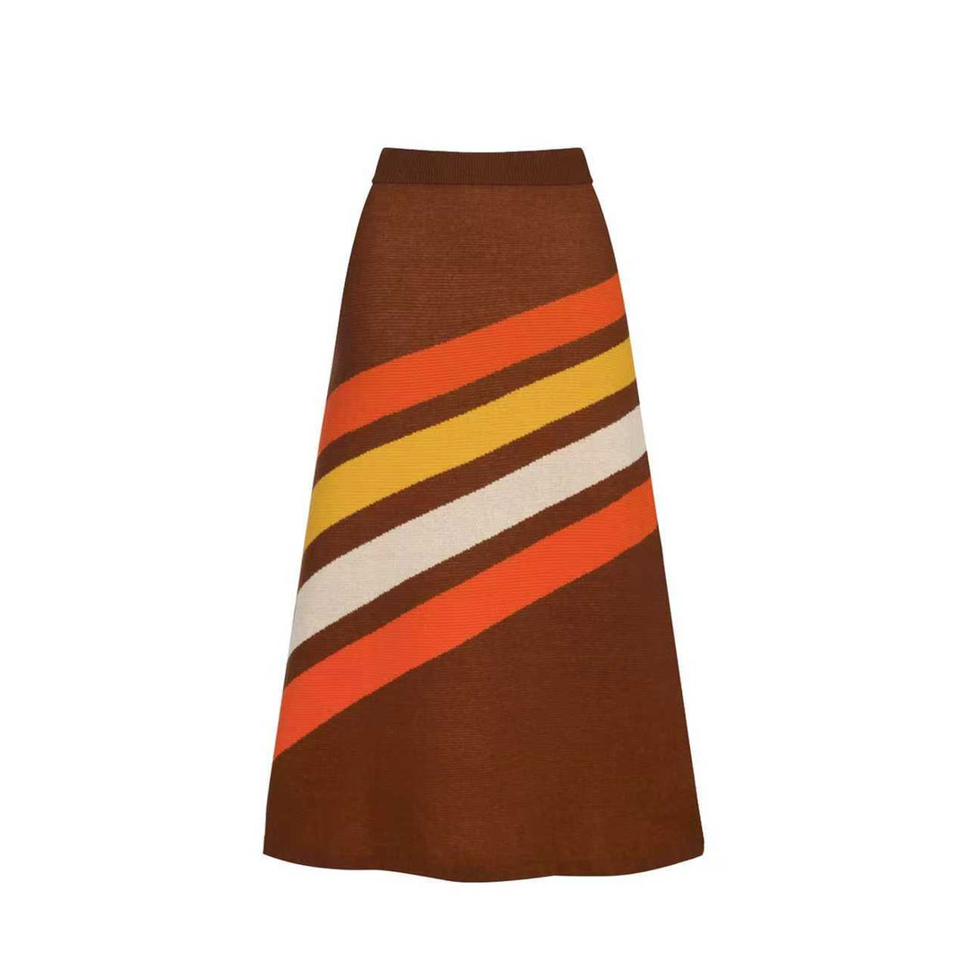 Women's brown sun striped vintage jacquard knit dress set