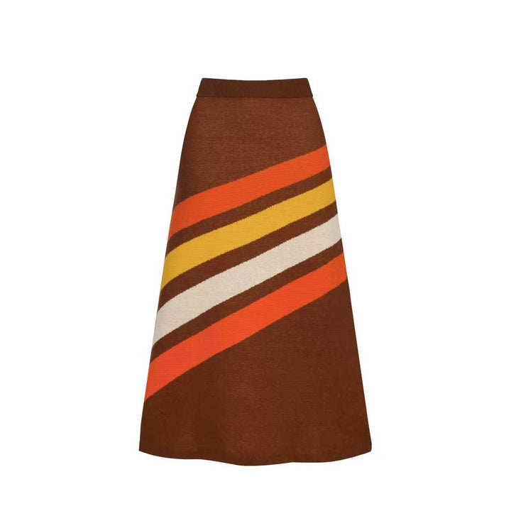Women's brown sun striped vintage jacquard knit dress set