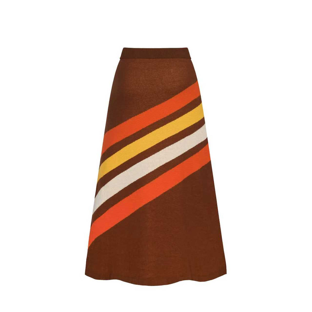 Women's brown sun striped vintage jacquard knit dress set