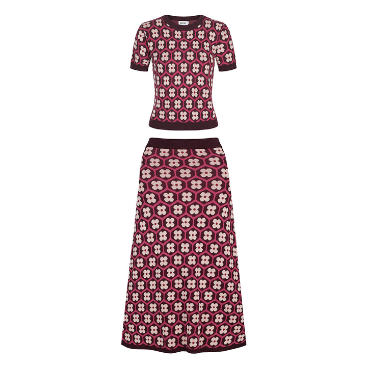 Vintage gebreide vintage gebreide jurkset voor dames met rood patroon