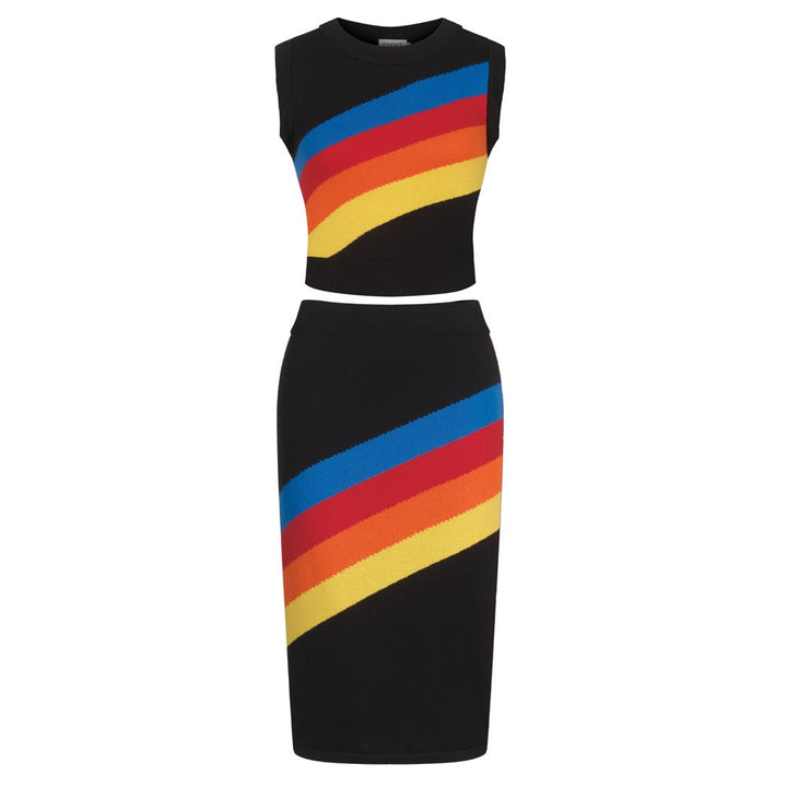 Women's black vintage striped jacquard knit vest skirt suit